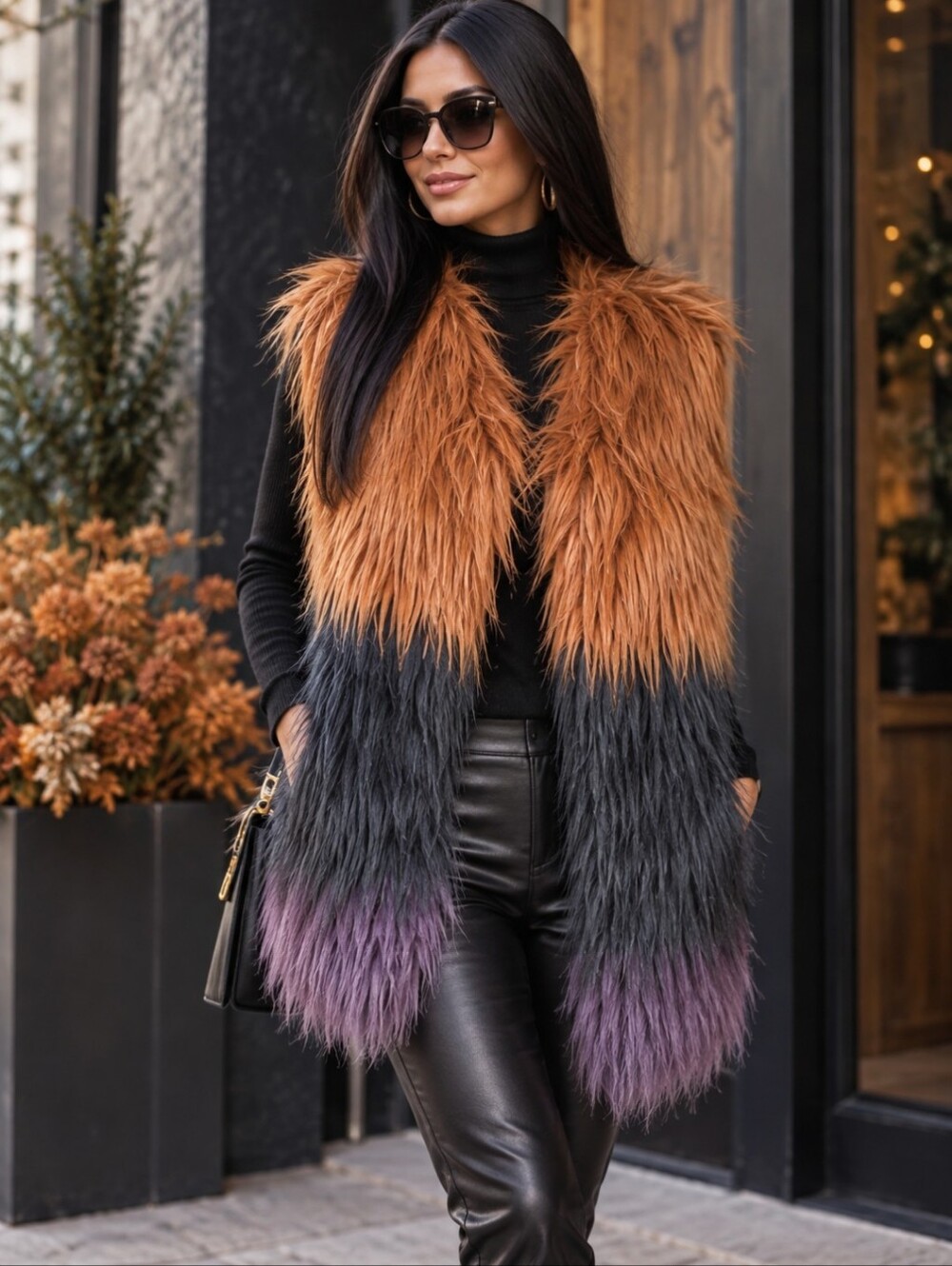 Fever Shaggy Faux Fur Colorblock Oversized Long Vest Boho Festival Hippie Sz L